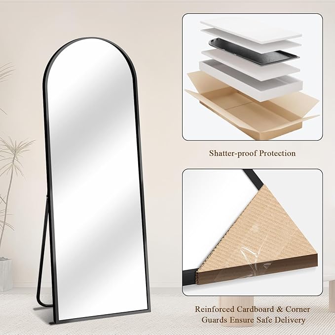56"x18" Full Length Mirror with Stand, Shatterproof Arched Floor Mirror, Aluminum Alloy Thin Frame - Freestanding/Leaning/Wall Mount for Bedroom, Living Room & Entryway (Black)