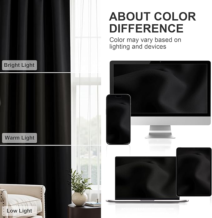 PONY DANCE Black Out Window Curtains - Thermal Insulated Curtains and Drapes Window Treatments Light Block Short Blinds Rod Pocket for Bedroom, W 52 x L 63 inches, Black, 1 Pair
