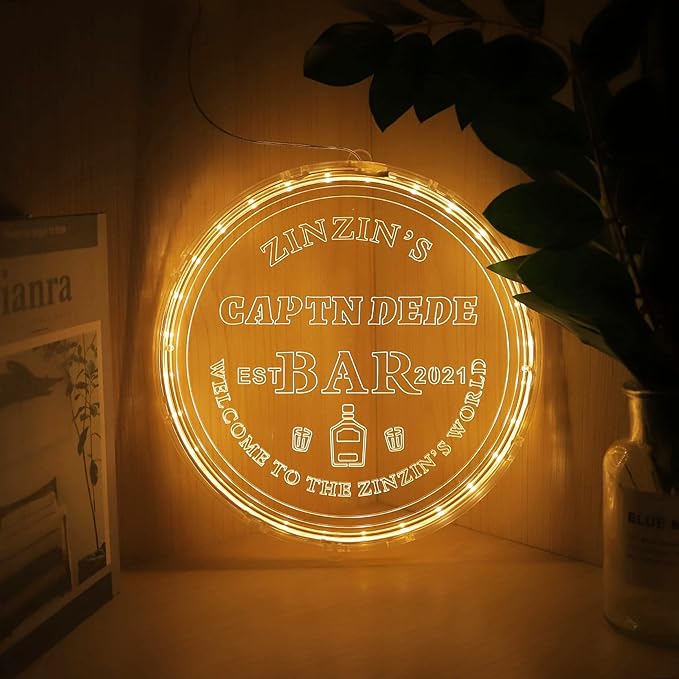 Custom Bar Sign - Personalized Acrylic Bar Led Light Sign for Man Cave Game Room - Established Year - Round Neon Light Up Sign, 21CM