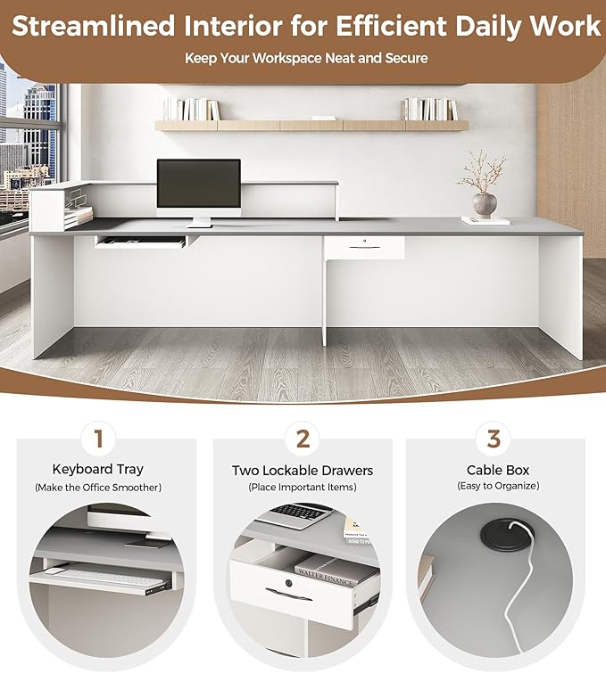 Modern L-Shaped Reception Desk with Counter – 63" Front Desk Reception Room Table with Lockable Drawer & Keyboard Tray for Office, Salon, Lobby, Checkout (White + Gray, Left)