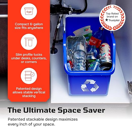 Multi Recycling Bin System with Twelve Stacking 6 Gallon Bins with Carrying Handles, Stackable and Compact for Offices, Homes, Garages, Businesses - (Yellow, 12 Pack)