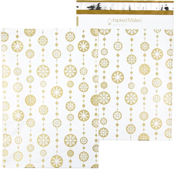 Inspired Mailers - Poly Mailers 10x13-100 Pack - Snowflake Baubles (Gold) - Holiday Poly Mailers - 10x13 Shipping Envelopes - Christmas Packaging Bags