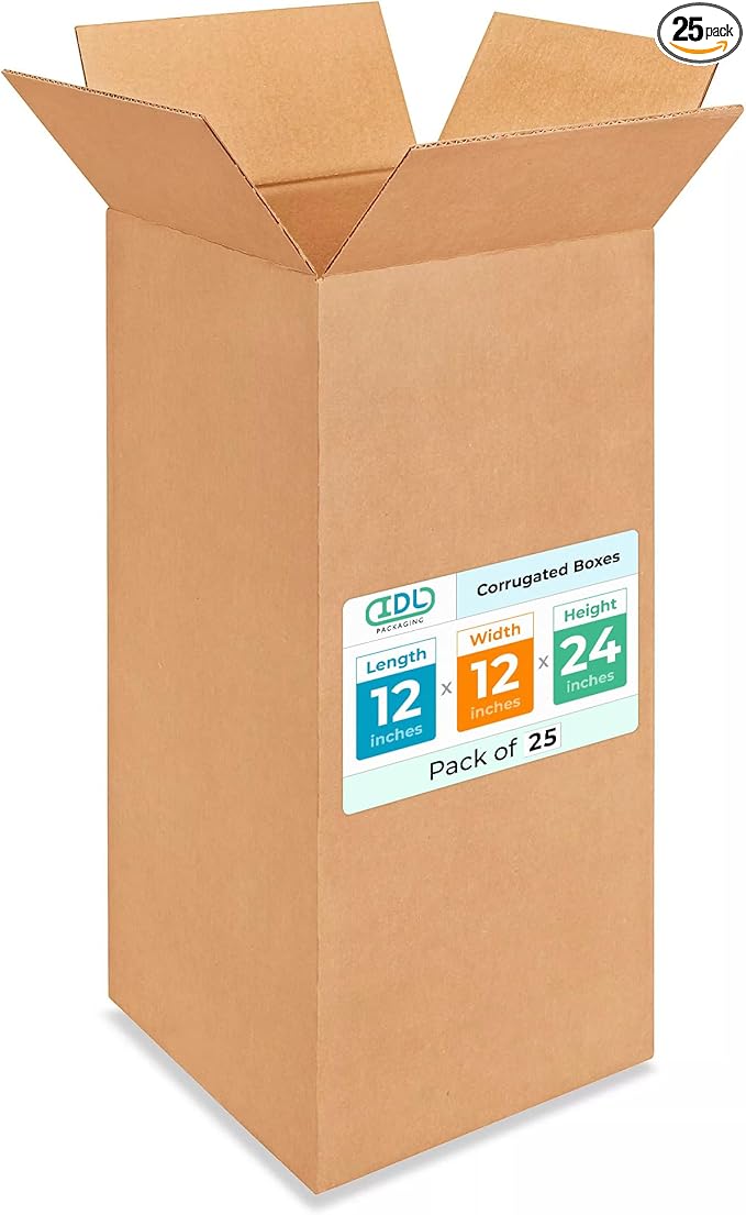 Tall Moving & Shipping Boxes 12"L x 12"W x 24"H (25-Pack) - Extra Strength 200 lb vs Regular - Corrugated Boxes for Packaging Moving - Corrugated Packaging Box - Box Cardboard by IDL Packaging