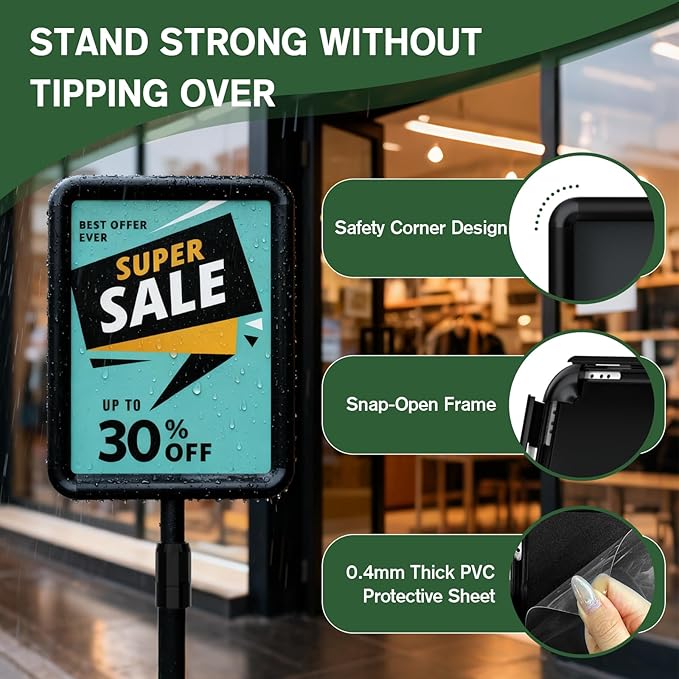 Sign Holder - 8.5x11 inch Sign Stand Holder Adjustable Display Stand Floor Standing Sign Holder, Signage Stand with Snap-Open Frame Display for Malls,Schools,Restaurants (Black)