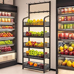 5 Tier Snack Rack Display Stand, Black Chip Rack Display Stand, Candy Display Rack with Hooks, Metal Retail Display Shelves for Store, Kitchen and Office
