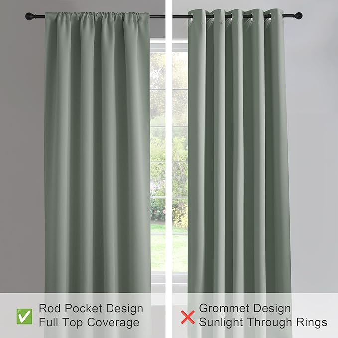 PONY DANCE Blackout Curtains for Bedroom 96 inches Long 2 Panels Set, Thermal Insulated Rod Pocket Black Out Window Drapes, Noise Reducing Window Treatment for Living Room(W52 x L96 inch, Sage Green)