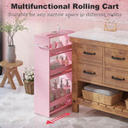 MARTY Rolling Storage Cart 7.9" W, 4-Tier Kitchen Cart with Wheels Handle, Slim Storage Cart Mobile Shelving Utility Carts for Bathroom Laundry Room Organization Narrow Places (Pink)