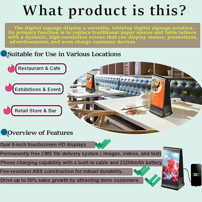 Digital Signage Display for Tabletop ,Interactive Digital Signage with Double 8 inch LCD Touch Screen and WIFI Connected,Rechargeable 23200mAh Battery,Portable Advertising Kiosk for Restaurants,Bar, Hotel ,Cafe (Black)