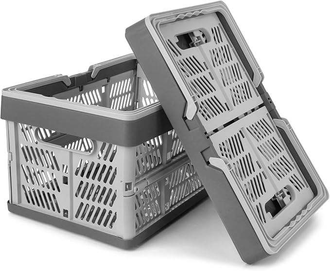 Domiella 2-Pack Foldable Storage Baskets, Collapsible PP Crates with Handles - 20L Capacity, Strong and Portable for Home Organization, Picnic and Shopping, Grey