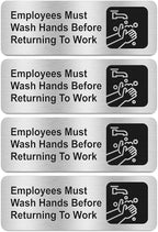 Faittoo Employees Must Wash Hands Before Returning to Work Sign, (4 Pack) Rust Free Brushed Aluminum Sign with Symbols, Self-adhesive, for Restaurant, Salons, Hotel, Rest Stops, Public Restrooms