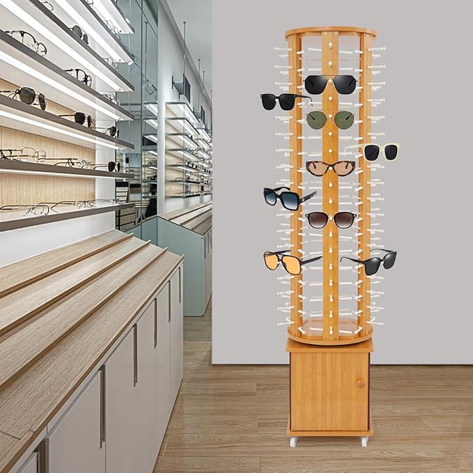 Sunglasses Display Stand, 108 Pairs Wooden 360° Rotating Sunglass Eyeglass Holder Organizer, Glasses Hanger Storage Rack for Retail Commercial Display, L14.2*H66.1in, Brown