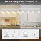 BoostArea LED Track Lighting Ceiling Fixtures, White 4-Light Plug in Track Lights for Kitchen, 4 Way Ceiling Spotlight, 15 FT Cord,Flexibly Rotatable Wall Mount Light Head for Bedroom Hallway