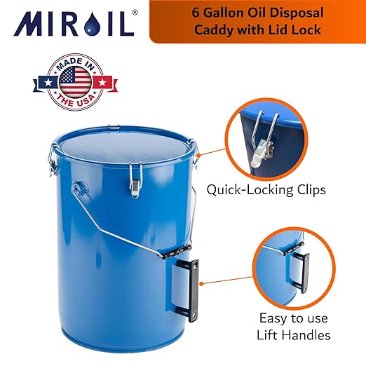 MirOil 6 Gallon Blue Oil Grease Bucket & Filter Pot – Steel Fryer Container w/Lid Lock & Clip, Food Grade Interior Coating - Hot Grease Collection Pot for Disposal Under Drain Valves – Model #30L