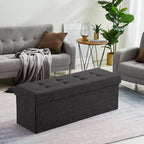 Ornavo Home Foldable Tufted Linen Large Storage Ottoman Bench Foot Rest Stool/Seat - 15" x 45" x 15" (Black)