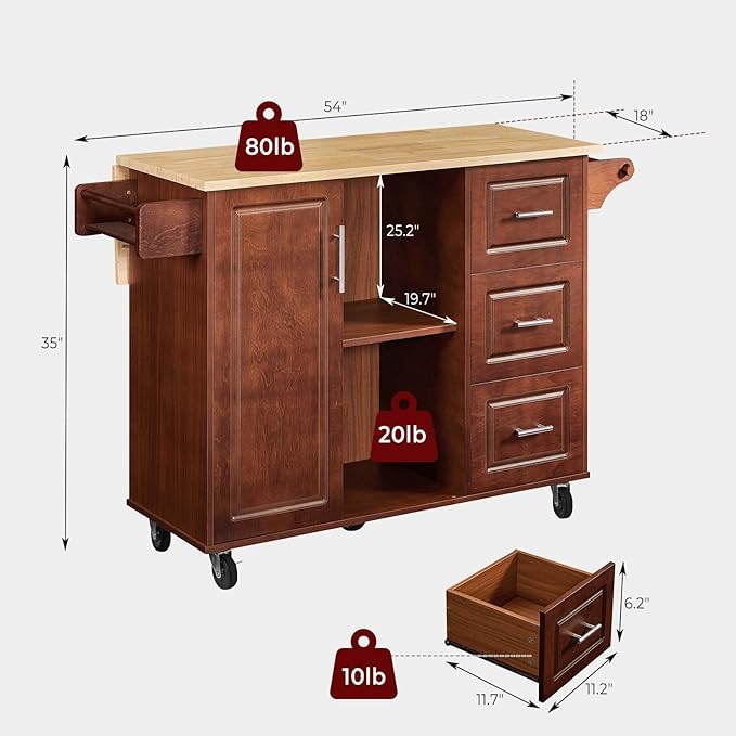 Lyromix Walnut 54" Rolling Kitchen Island Cart with Storage, Large Kitchen Cart with Folding Drop Leaf Breakfast Bar, Wood Island Table with 3 Drawers and Spice Rack & Towel Rack, Brown
