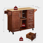 Lyromix Walnut 54" Rolling Kitchen Island Cart with Storage, Large Kitchen Cart with Folding Drop Leaf Breakfast Bar, Wood Island Table with 3 Drawers and Spice Rack & Towel Rack, Brown