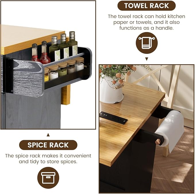 COCO DESIGN 60" Rolling Kitchen Cart with Power Strip & Drop Leaf, Thick Countertop, Large Storage Cabinet & Drawers, Mobile Island with Locking Wheels, Towel Rack and Spice Rack, Black and Oak