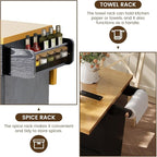 COCO DESIGN 60" Rolling Kitchen Cart with Power Strip & Drop Leaf, Thick Countertop, Large Storage Cabinet & Drawers, Mobile Island with Locking Wheels, Towel Rack and Spice Rack, Black and Oak