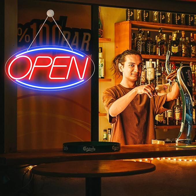 22" X 11" Led Neon Open Signs for Business, Large Open Signs, Plug In Electric Light Up with ON/OFF Switch, Ultra Bright Open Sign for Bar Salon Coffee Stores Club Hotel (Oval)