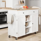 Kitchen Island on Wheels, Rolling Kitchen Island with Drop Leaf and 2 Drawers, Mobile Kitchen Cart Table Storage Cabinet with Tower Rack and Spice Rack for Dining Room, Kitchen, White