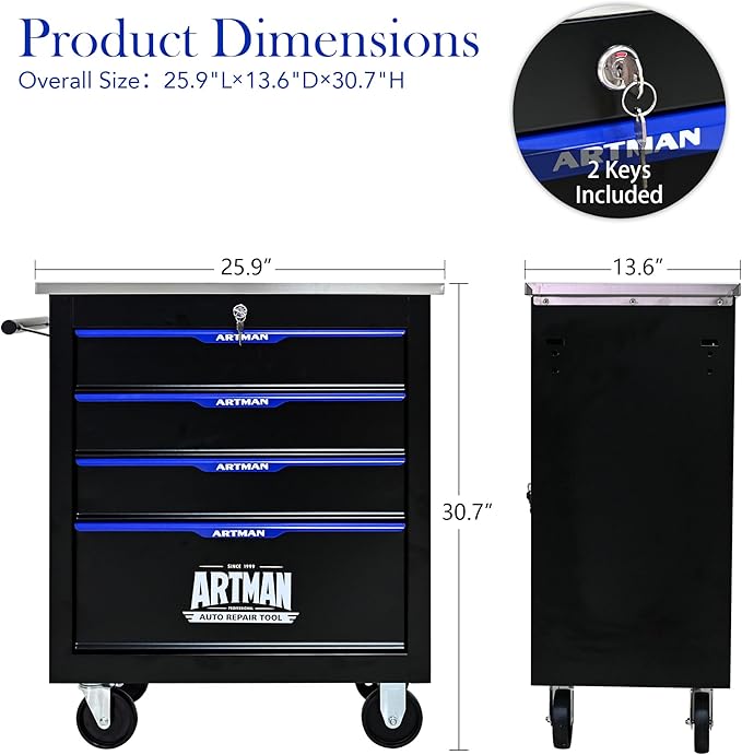 4 Drawer Rolling Tool Chest with Locker, 25.9" D Metal Movable Lockable Tool Cart Box Multi-Functional Hardware Storage Cabinet Box for Warehouse Basement Home Pantry Garage