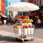 Metal Garden Cart Plant Stand with 18pcs Buckets and parasols, Slide Out Rolling Flower Display Rack, for Florist, Patio Garden, Weddings Party, Business Market (green)