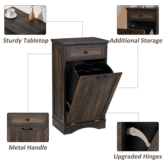 13 Gallons Tilt Out Trash Cabinet Freestanding Kitchen Trash Bin Cabinet Wood Garbage Recycling Cabinet with Hideaway Drawer Pet Proof Trash Can Holder for Kitchen Living Room, Rustic Brown