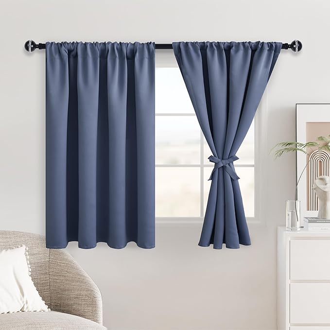 JIUZHEN Short Blackout Curtains for Small Window - Cafe Room Darkening Privacy Thermal Insulated Window Curtains Tiers for Bathroom,Kitchen, W 42 x L 36, Set of 2 Panels with Tiebacks, Dusty Blue