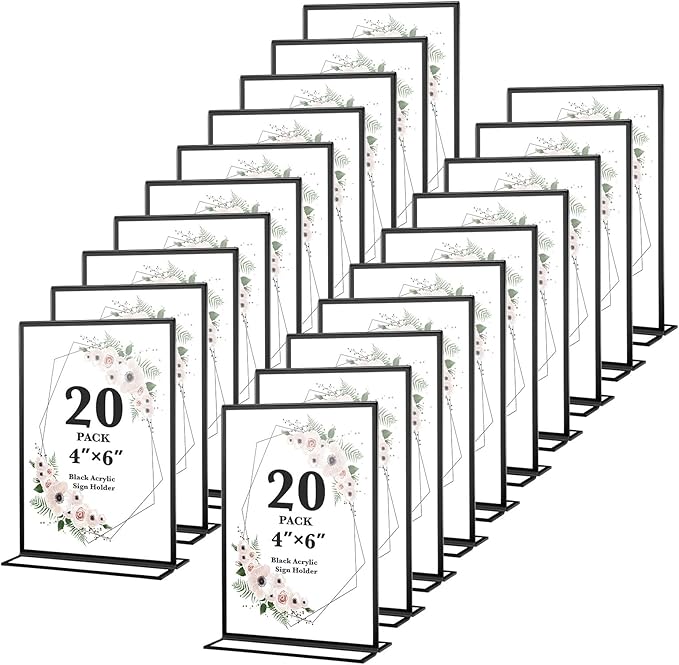 20 Pack Acrylic Sign Holders 4x6 Inch, Double Sided Vertical Stand Clear Picture Frames, Wedding Table Numbers Frames for Party, Restaurant Signs and Office Photos