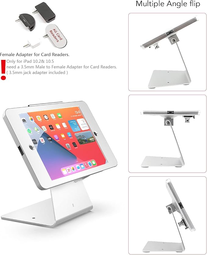 Desktop Anti-Theft Security Kiosk Stand Holder Enclosure for iPad 10.2-Inch (9th Gen.2021,8th Gen.2020,7th Gen.2019),with Lock & Key,Flip & 360°Rotating Horizontal or Vertical Design(Silver)