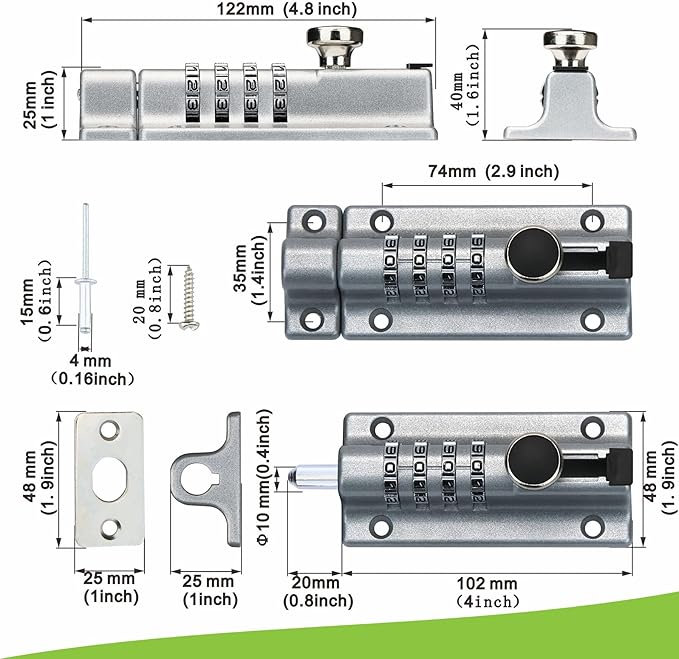 Heavy Duty 4-Digit Combination Locking Bolt - Reinforced Zinc Alloy Security Slide Latch for Gates, Sheds, Barns, Fences & Cabinets - Childproof Design & Anti-Theft Password Setting (Silver)