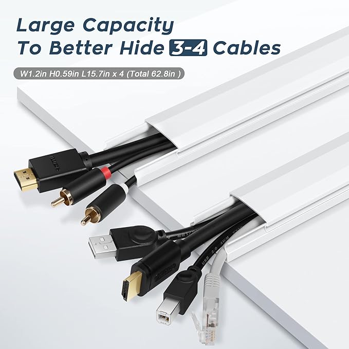 TV Cable Hider - 62.8in PVC Cord Hider Cable Management Wall, Paintable Cord Concealer for Wall Mounted TV, Cables Raceway White Wire Hider, Wall Wire Covers for Cords, 4* L15.7in *W1.2in *H0.59in