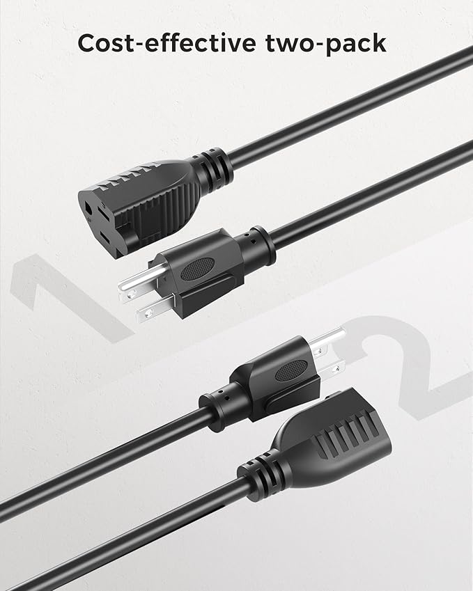 [ETL Listed] Cable Matters 2-Pack 16 AWG Heavy Duty 13A Power Extension Cord - 3ft, 3 Prong Power Cord Extension, NEMA 5-15P to NEMA 5-15R, Black
