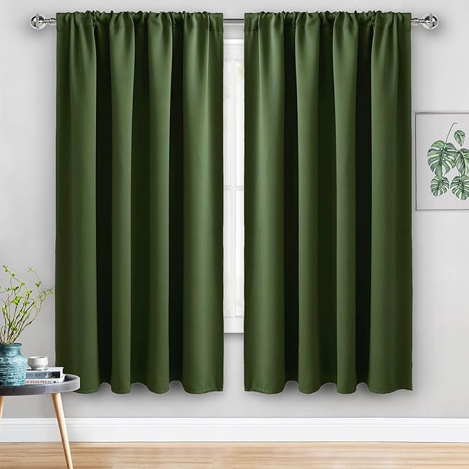 JIUZHEN Christmas Blackout Curtains for Bedroom - 60 Inch Wide Thermal Insulated Room Darkening Privacy Soundproof Curtains for Living Room, Set of 2 Panels with Tiebacks, 60 x 63 inches, Olive Green