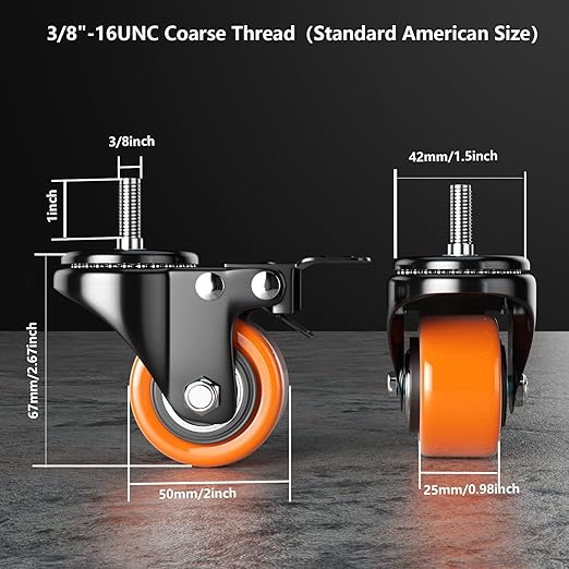 Stem Caster Wheels 2 Inch Heavy Duty Threaded Stem Casters UNC 3/8"-16 x 1 Swivel Casters Set of 4 with Safety Dual Locking Wheel for Furniture and Cart