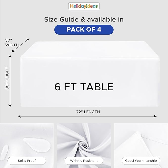 HolidayIdeas Fitted Tablecloths for 6 Foot Rectangle Table, Wrinkle Resistant Washable White Table Covers 30x72 Inch for Vendor Booth Display, Banquet, Trade Show, 4 Pcs