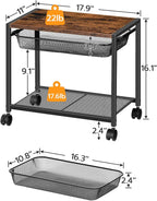 HOOBRO Under Desk Printer Stand, Industrial Printer Cart with Storage Shelf, 2-Tier Mobile Printer Table on Wheels, Heavy Duty Machine Storage Rack for Office and Home Rustic Brown + Black BF12PS01