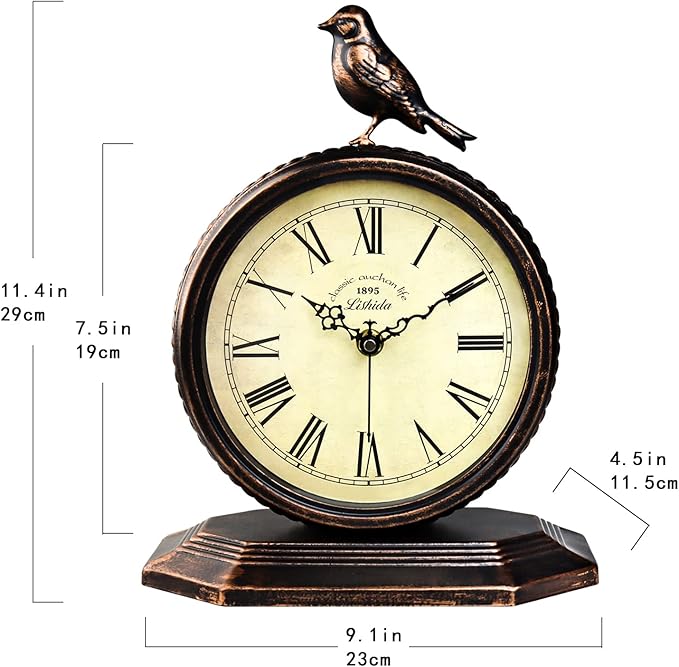 Desk Clock for Bedroom Kitchen Vintage Table Clock Mantel Desktop Farmhouse Tabletop Metal Clock for Office Living Room Silent Decor Battery Operated Bird