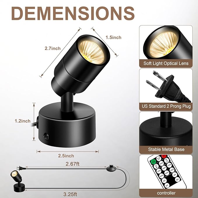 2 Pack LED Spot Lights - Dimmable with Timer & Remote,3W 3000K-5000K, 5.9FT Cord for Paintings,Wall Art, Indoor Plants & Home Accent Lighting
