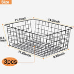 3 Pack Large Wire Baskets for Organizing 14.2'' Metal Wire Baskets with Built-in Handles, Wire Storage Basket Black Metal Freezer Organizer Wire Basket for Pantry, Cabinets, Bathroom