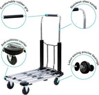 LEADALLWAY Foldable Push Cart Aluminum Alloy Platform Cart with 4-Wheel,Adjustable Length,330-LB Capacity(with 2 Ropes)