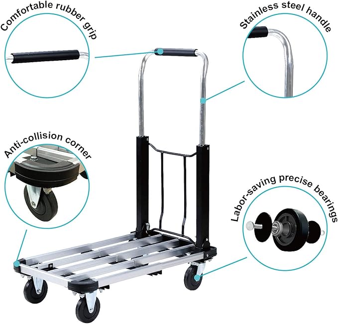 LEADALLWAY Foldable Push Cart Aluminum Alloy Platform Cart with 4-Wheel,Adjustable Length,330-LB Capacity(with 2 Ropes)