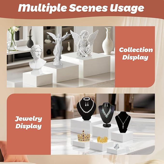6Pcs Buffet Risers with Mini Sign and Maker, Acrylic Food Risers for Buffet Table, Catering Dessert Cake Stand for Party, Collectibles Jewelry Display Stand, White Cube Boxes Nesting Risers(10",9",8",7",6",5")