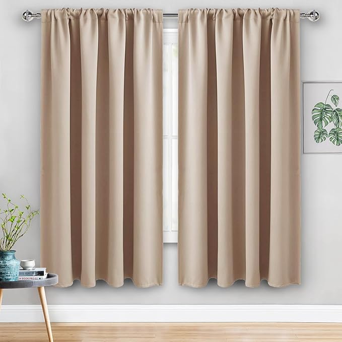 JIUZHEN Blackout Curtains for Bedroom - 70 x 63 Inch Extra Wide Privacy Assured Thermal Insulated Room Darkening Sliding Door Curtains for Living Room, Set of 2 Panels with Tiebacks, Beige