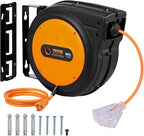 VEVOR Retractable Extension Cord Reel, 80 FT, Heavy Duty 12AWG/3C SJTOW Retractable Power Cord with Lighted Triple Tap Outlet, 15 Amp Circuit Breaker 180° Swivel Bracket for Ceiling or Wall Mount