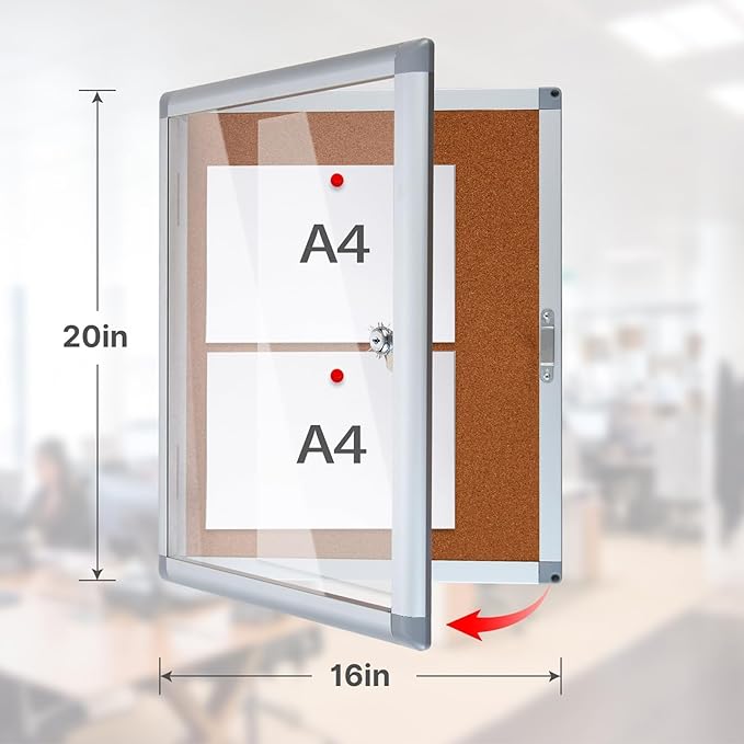 Enclosed Cork Bulletin Board Tamper-Proof Dispaly Case, Aluminium Frame, All-Weather Cork Noticeboard, Outdoor Enclosed Cork Board for School, Office, Restaurant, Hospital (20 X 16 Inches)