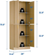 Cozy Castle Kitchen Pantry Cabinet, 71" Tall Wood Storage Cabinet with Doors and Shelves 4 Doors Freestanding Cupboard for Dining Room Living Room Bathroom Furniture, Oak
