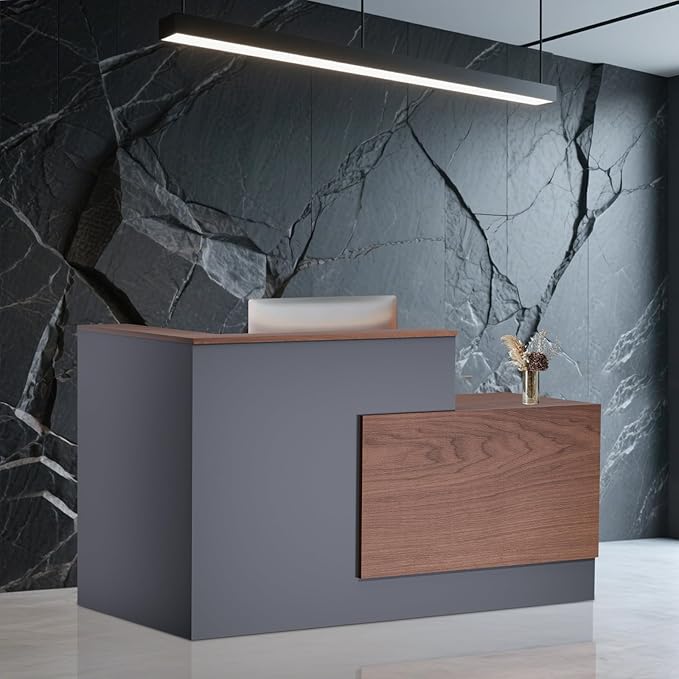 L-Shaped Modern Reception Desk with Counter & Storage - 71" Large Office Front Desk, Salon Checkout Counter with Lockable Cabinets, Shelves(Brown & Black, Left - 71''L x 34''W x 41''H)