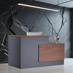 L-Shaped Modern Reception Desk with Counter & Storage - 71" Large Office Front Desk, Salon Checkout Counter with Lockable Cabinets, Shelves(Brown & Black, Left - 71''L x 34''W x 41''H)