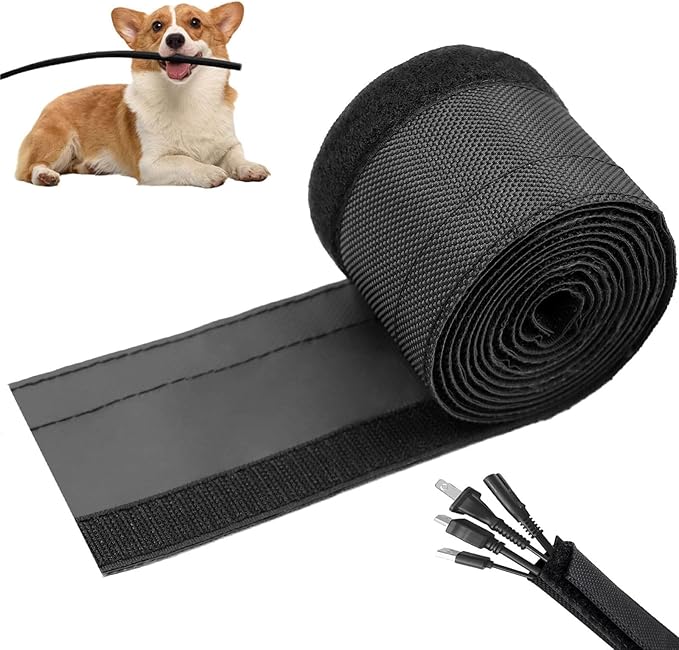 1/2" - 6.6FT Chew Proof Cat Cord Protector（Hook & Loop Split Sleeve for Pets - Cat/Dog Proof Cable Management Sleeve for Office USB Computer Audio Cables, Flexible Wire Cover - Black